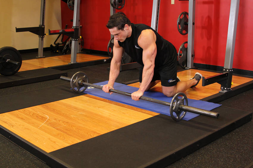Barbell Ab Rollout - On Knees — start position