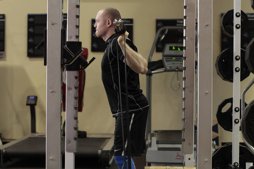 Box Squat with Bands — start position