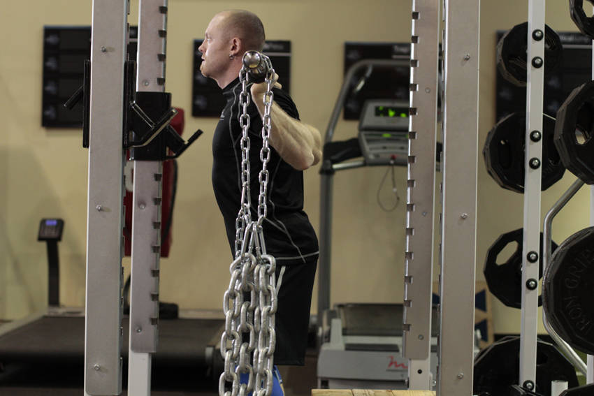 Box Squat with Chains — start position
