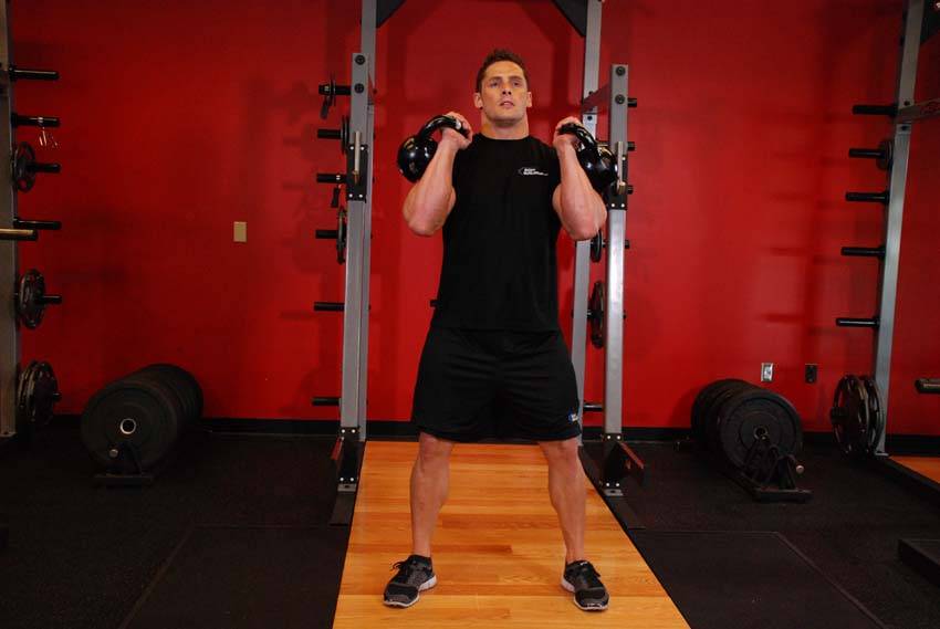 Front Squats With Two Kettlebells — start position