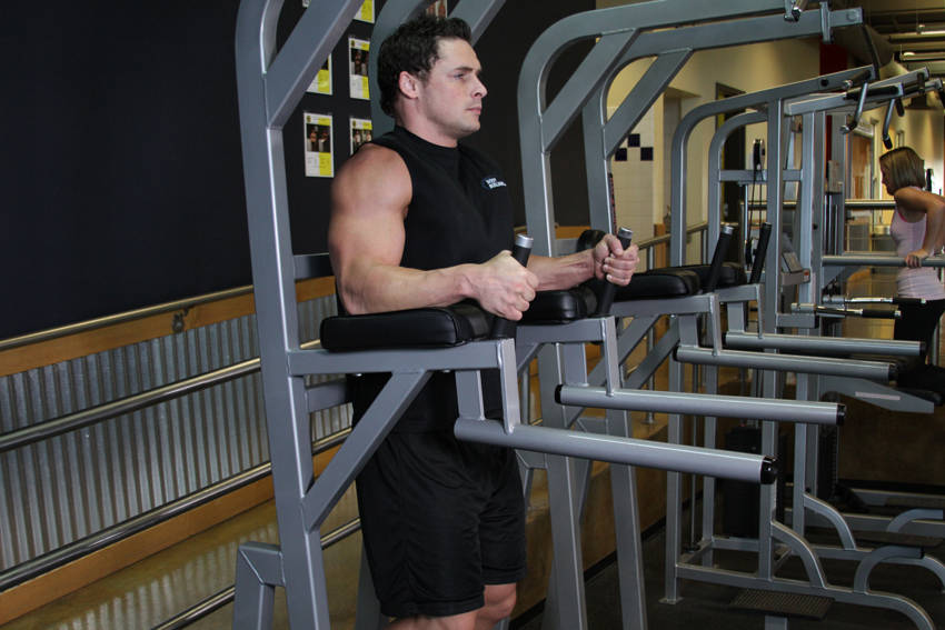 Knee/Hip Raise On Parallel Bars — start position