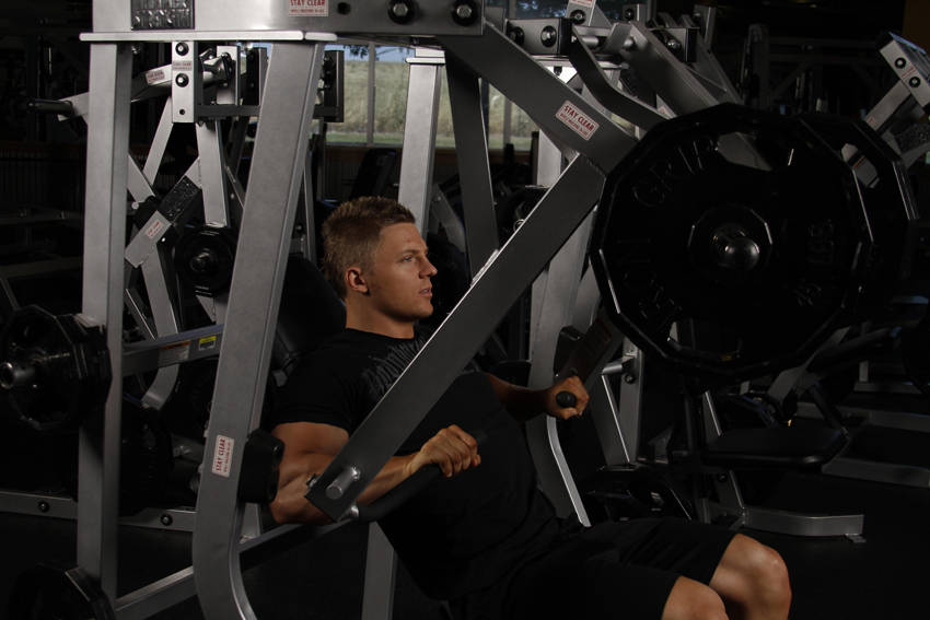 Leverage Decline Chest Press — start position
