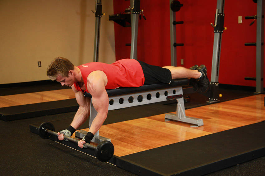 Lying High Bench Barbell Curl — start position