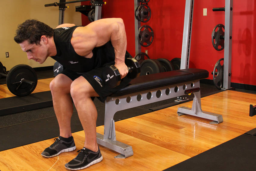 Seated Bent-Over Two-Arm Dumbbell Triceps Extension — start position