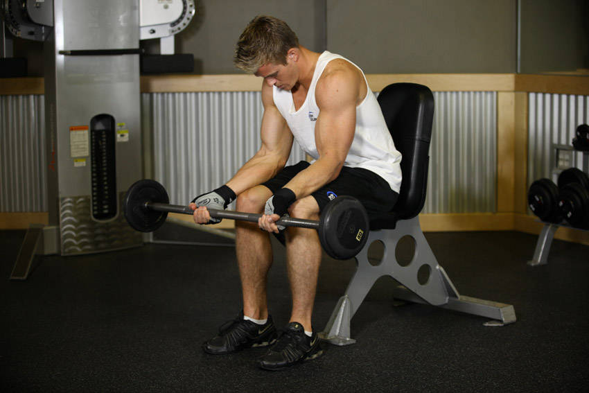 Seated Palm-Up Barbell Wrist Curl — start position