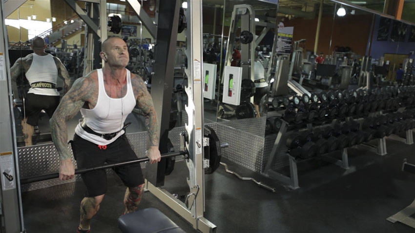 Smith Machine Hang Power Clean — end position
