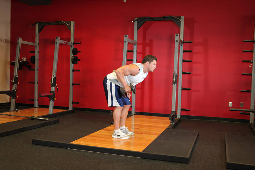 Standing Bent-Over One-Arm Dumbbell Triceps Extension — start position