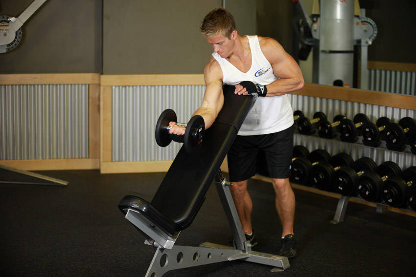 Standing One-Arm Dumbbell Curl Over Incline Bench — start position