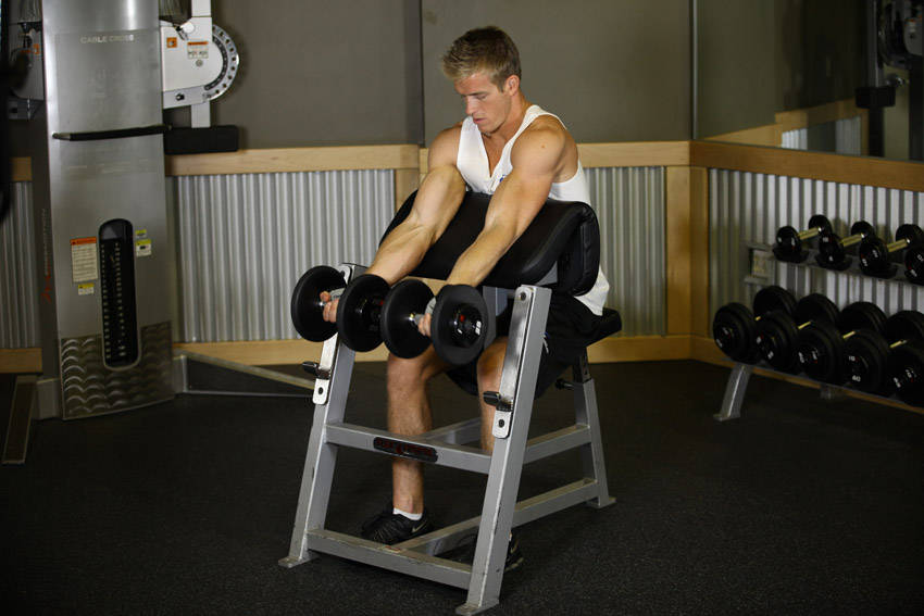 Two-Arm Dumbbell Preacher Curl — start position
