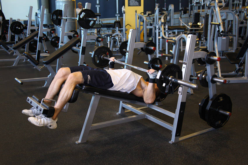 Wide-Grip Decline Barbell Bench Press — end position
